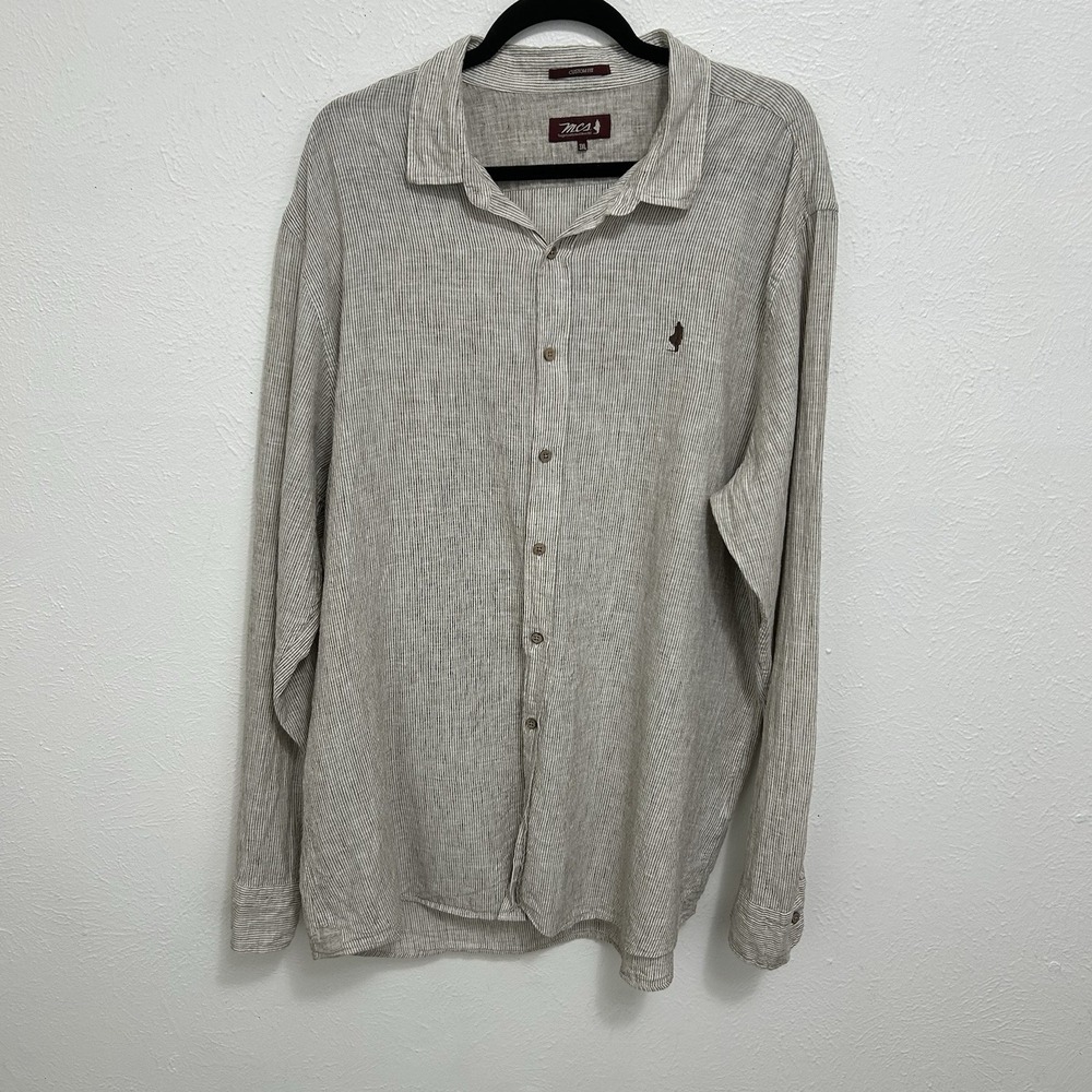 MCS Authentic 100% Linen Shirt Beige Striped Long Sleeve Sz 3XL Preppy Old Money
